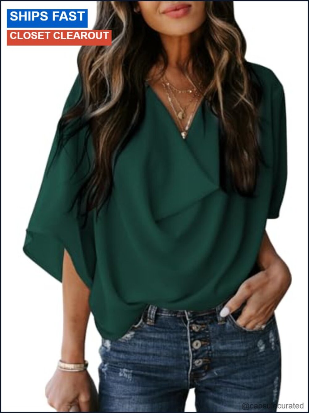 Women's 3/4 Sleeve Wrap V-Neck Blouse | Pleated Ruffle Top | Polyester Dressy
